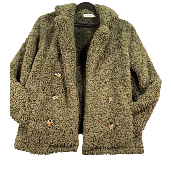 Miss Sparkling Olive Green Teddy Sherpa Jacket S Double Breasted Cozy Clean Girl - Picture 3 of 17